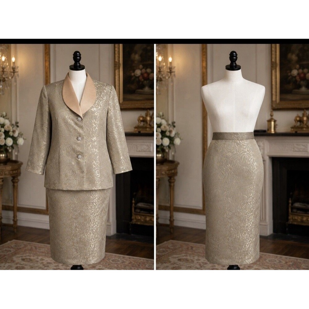 Moshita Couture 2 Pc Skirt Suit Champagne Gold Jacquard Plus Sz 20W EUC